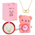 Urso Rotativo Com Rosa Eterna e Colar