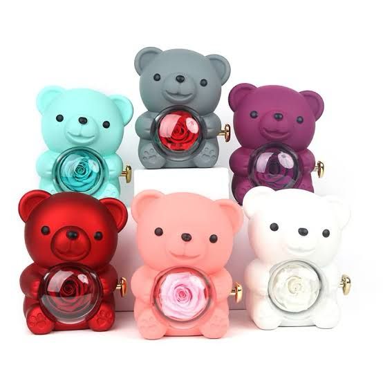 Urso Rotativo Com Rosa Eterna e Colar